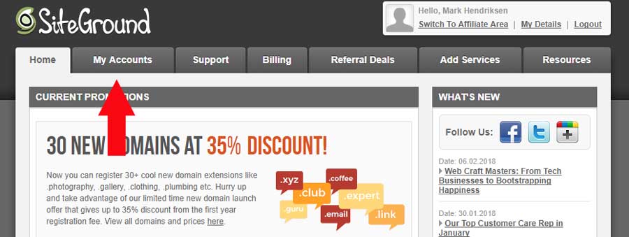 Siteground account tab