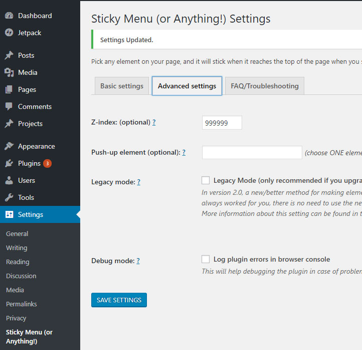 Sticky menu advanced settings