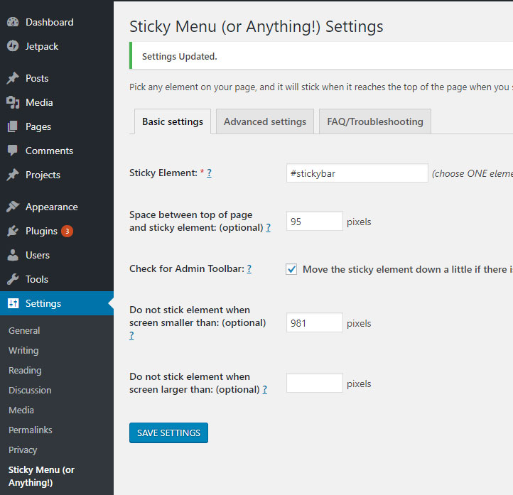 Sticky menu basic settings