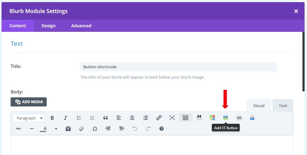 Adding the Divi shortcode to the blurb module