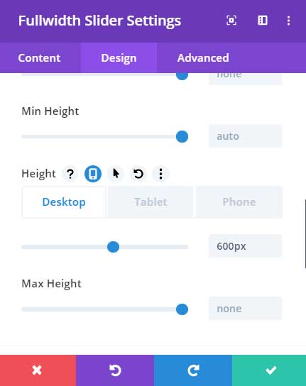 Divi slider height settings