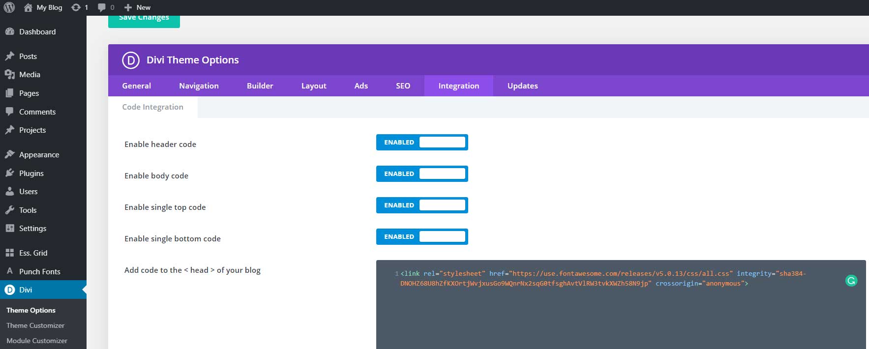 Font awesome code integration