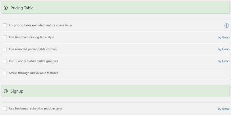 Pricing table settings