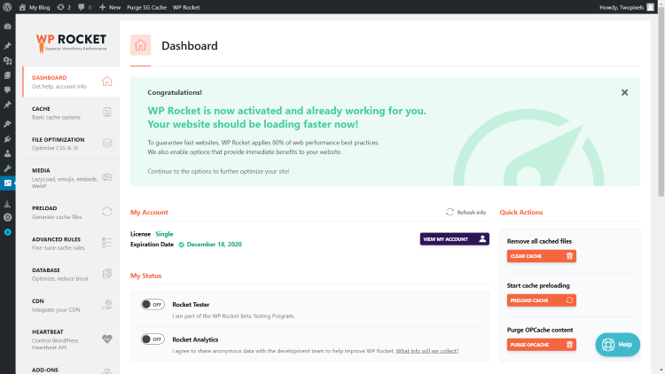 WP Rocket Dashboard