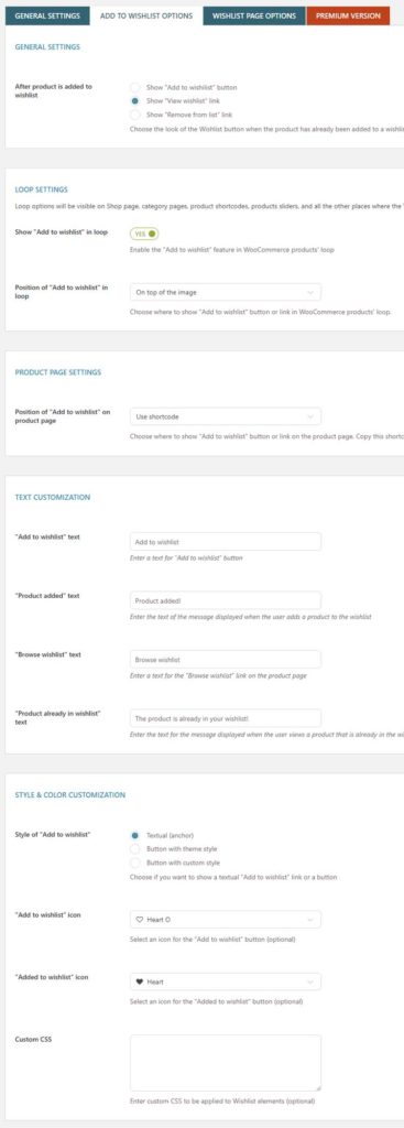 Add to wishlist settings