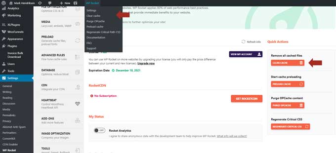 Clear cache in wp rocke
