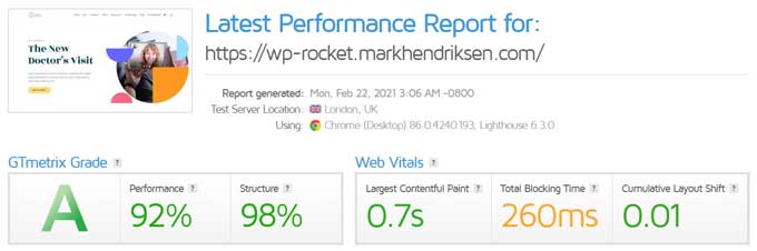 GT Metrix test after optimization with wp rocket