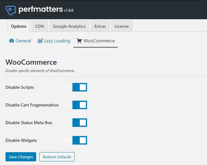 Perfmatters woocommerce settings