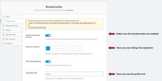 Rank Math breadcrumbs settings