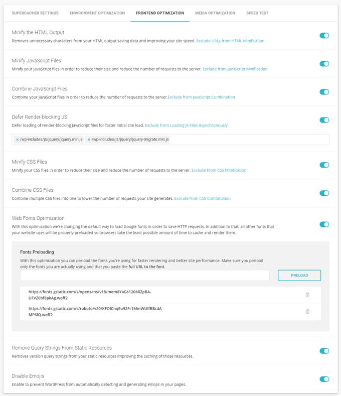 SG Optimizer frontend optimization settings