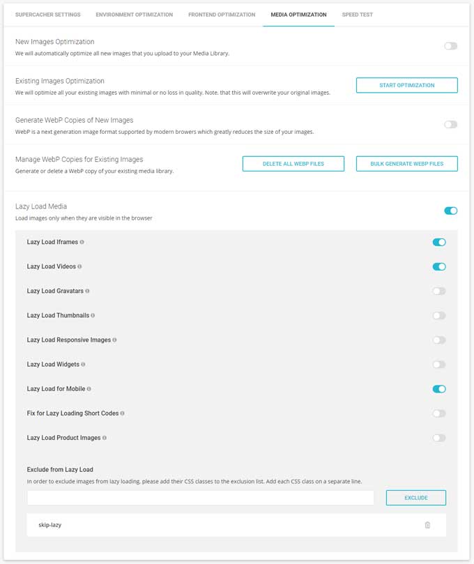 SG Optimizer media optimization settings