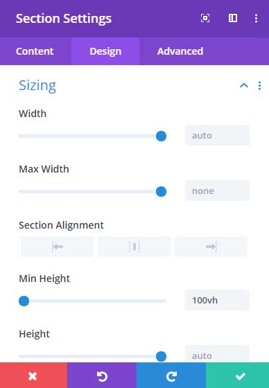 Set the a full height section in Divi