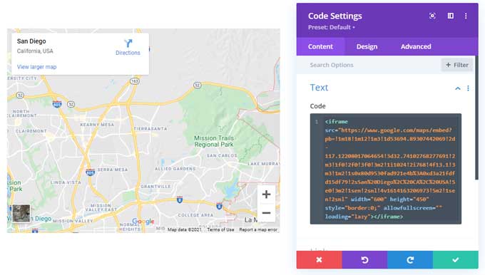 Use the code module to display divi maps