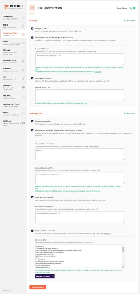 WP Rocket file optimization settings
