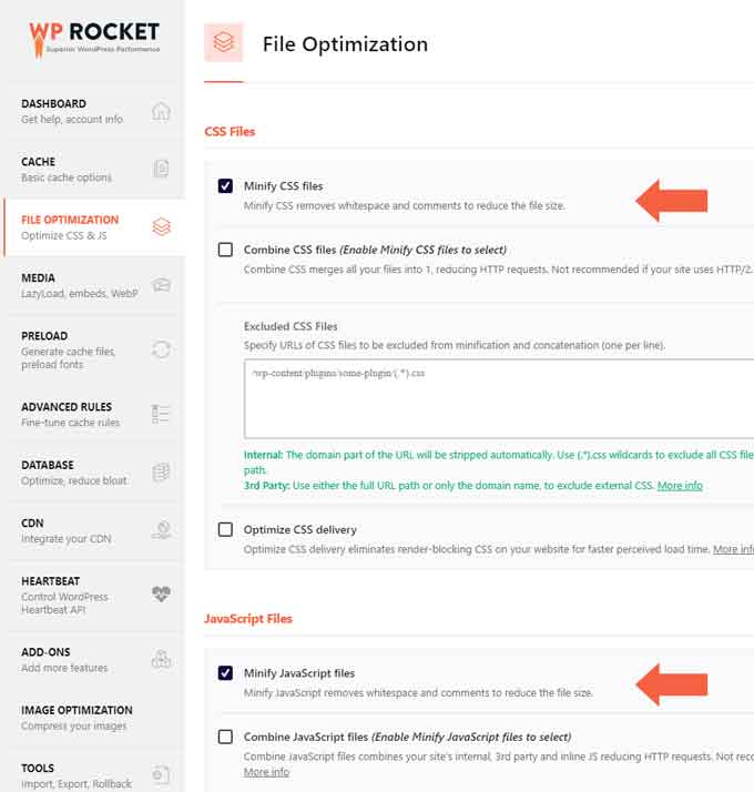 WP rocket file optimization