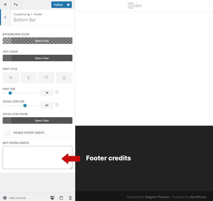 Edit Divi footer credits