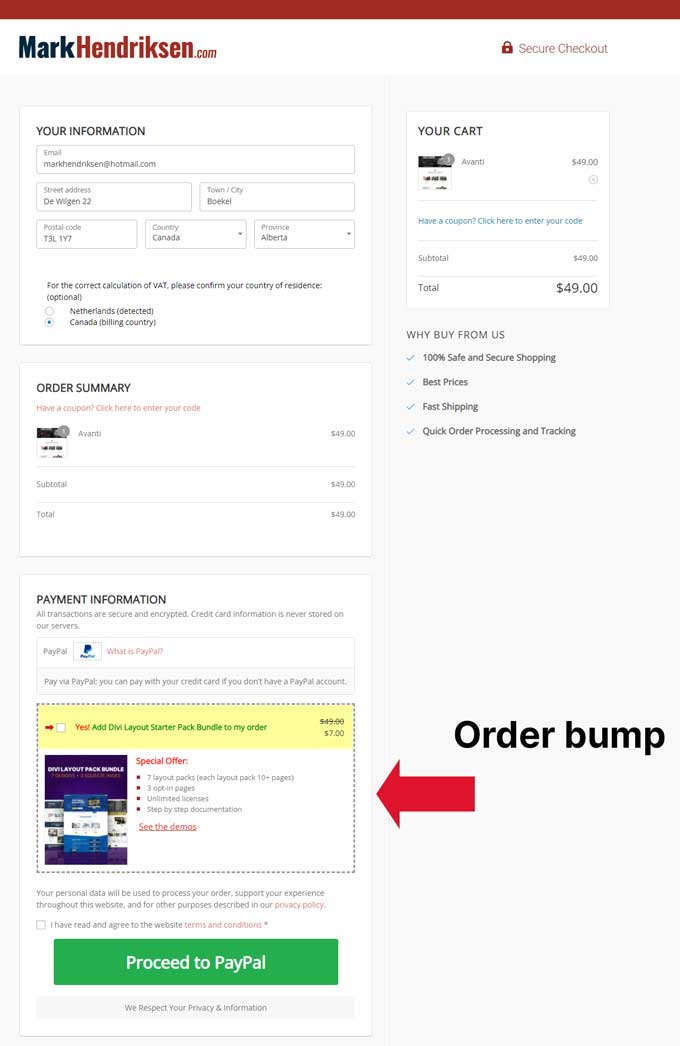 Order bump on the checkout page