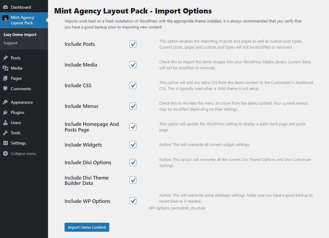 Install Mint free layout pack for Divi