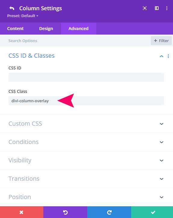 Add thhe class divi column overlay