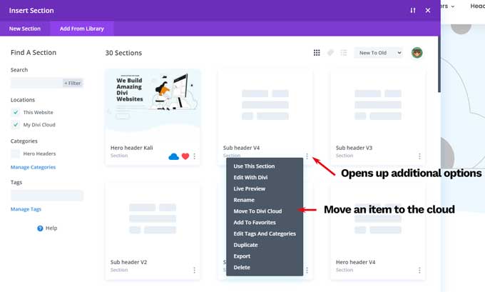 Add an existing item to Divi Cloud