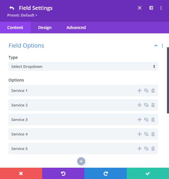 Divi contact form dropdown field