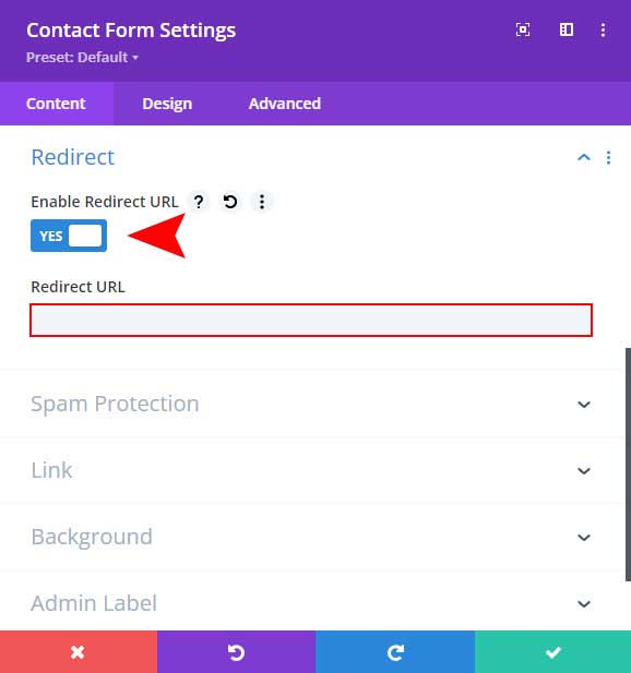 Enable a redirect in Divi contact form module