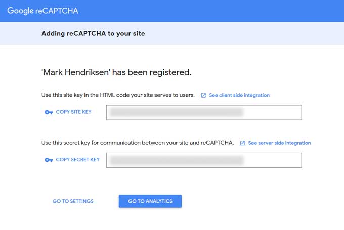 Google  reCaptcha site and secret key