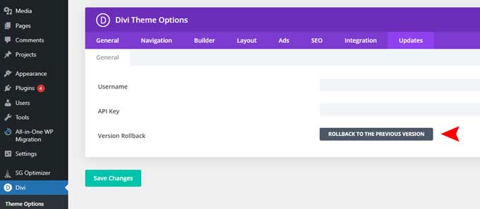 Roll back to a previous Divi version
