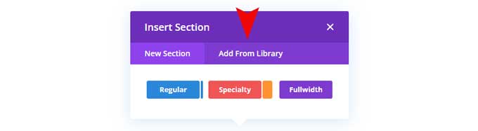 The add from library tab in the visual builder