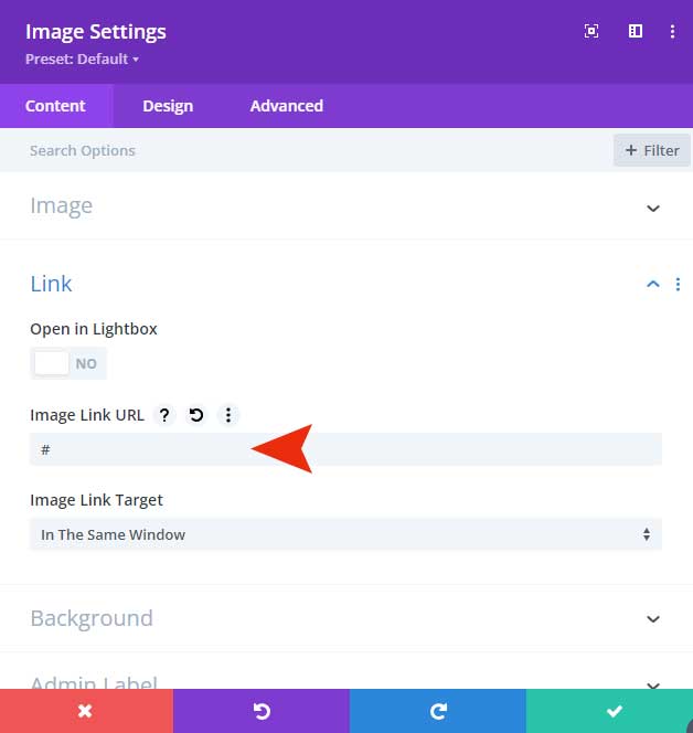 Add a link in your Divi image module to enable overlay options