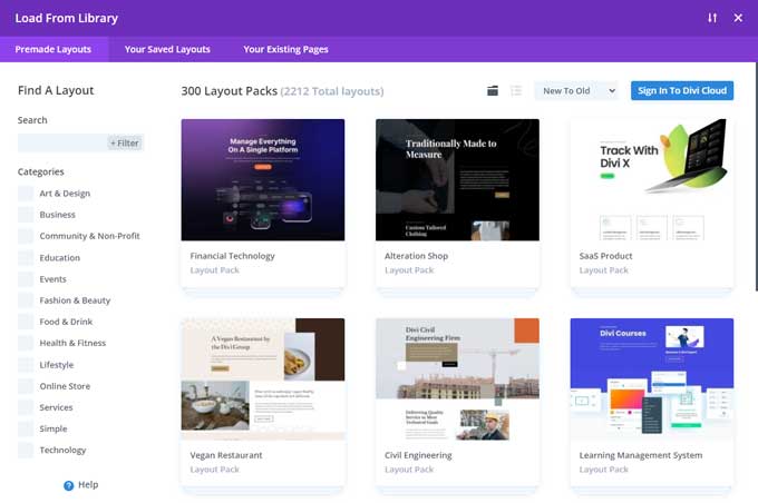 Choose a premade layout pack in Divi theme