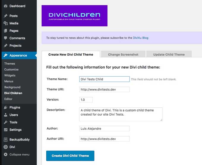 Divi child theme plugin by Divi4u