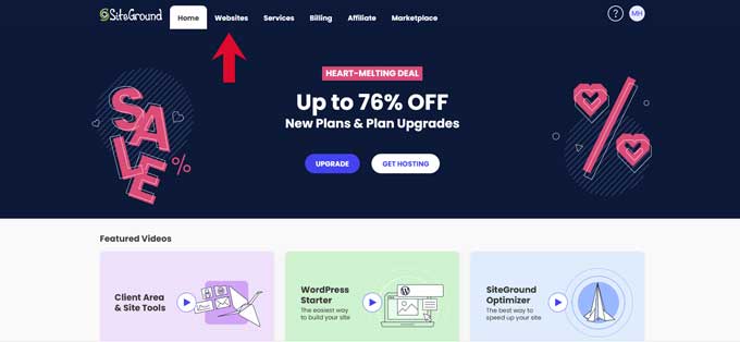Go to websites in SiteGround dashboard