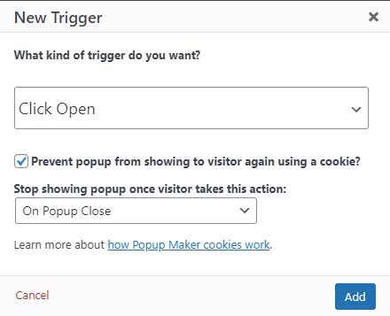 Popup maker trigger options