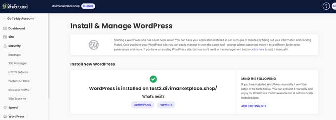 Success message installing WordPress website