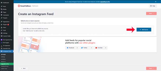Click on Add source to add an Instagram feed