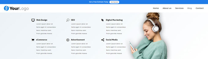 Divi header with mega menu