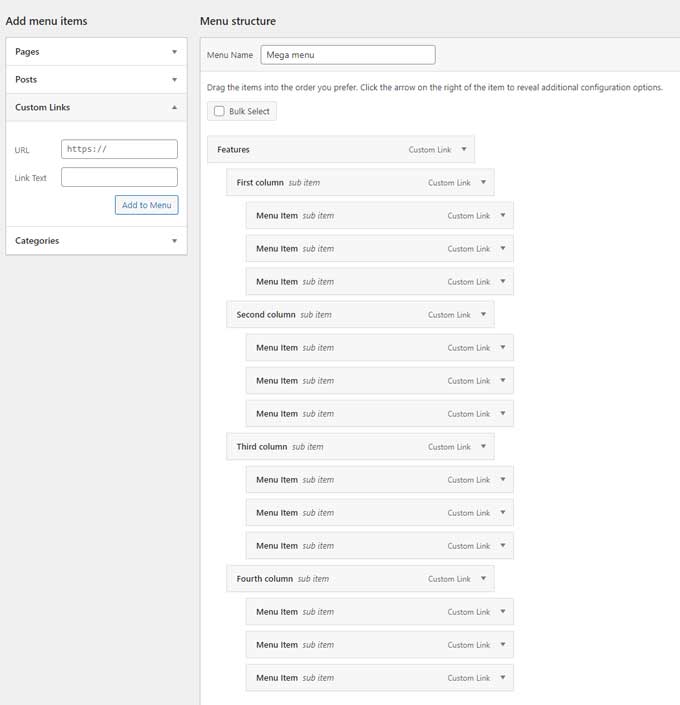 Menu structure for the mega menu in Divi