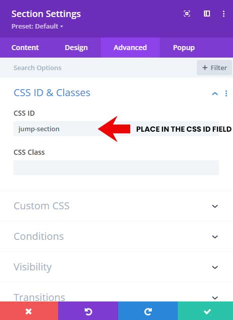 Place the anchor ID in the CSS ID-field