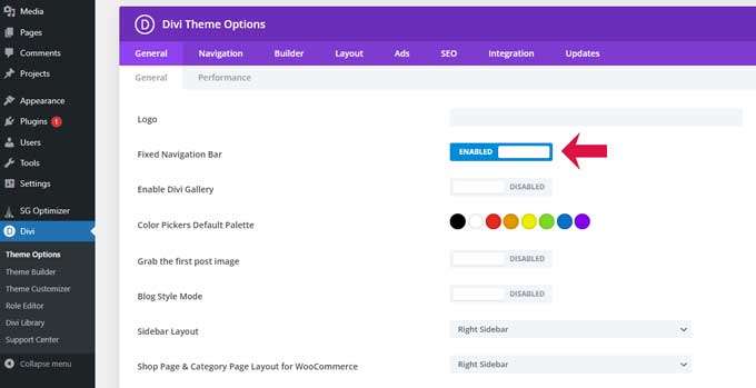 Enable fixed header for the default divi menu