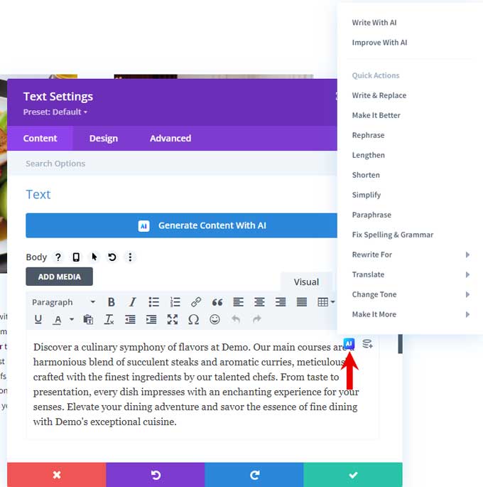 Divi AI module options