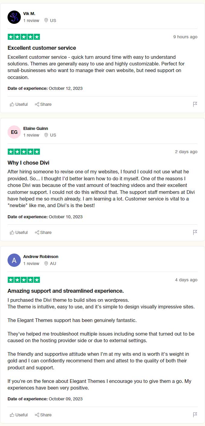 Screenshot of Elegant Themes review on Trustpilot