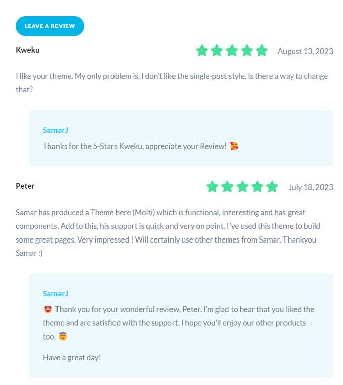 Screenshot of Reviews for Molti on Elegant Themes marketplace