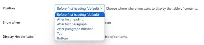 Position options for the table of contents