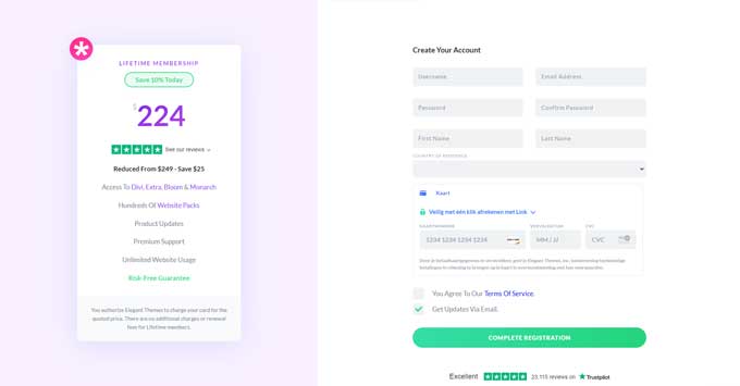 Crreate an Elegant Themes account and fill in the payment information