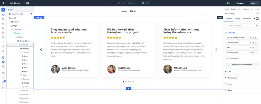 Layer panel with testimonial carousel